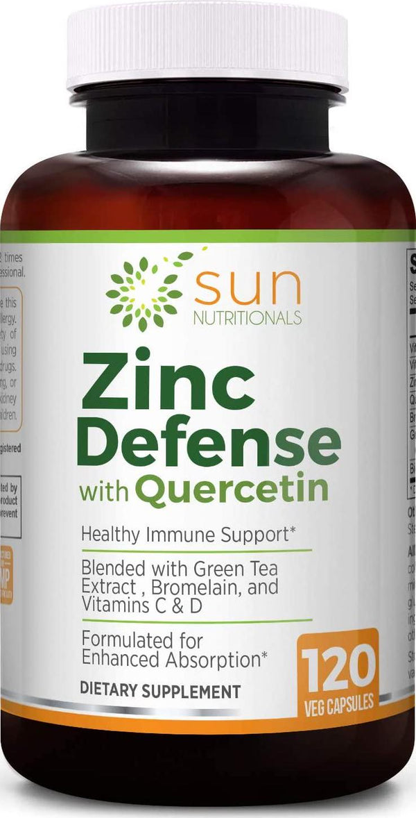 Zinc Defense with Quercetin, EGCG (Green Tea Extract), Bromelain, Vitamins C and D, 2-Month Supply, 120 VCaps, Non-GMO, Gluten Free - Sun Nutritionals