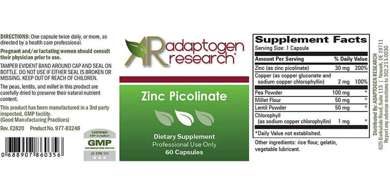 Zinc Picolinate 30 mg | Zinc Supplement for Growth and Immune Function | 60 Capsules | Adaptogen Research