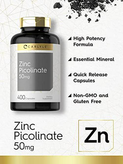 Zinc Picolinate 50mg | 400 Capsules | Value Size | Non-GMO and Gluten Free Supplement | by Carlyle