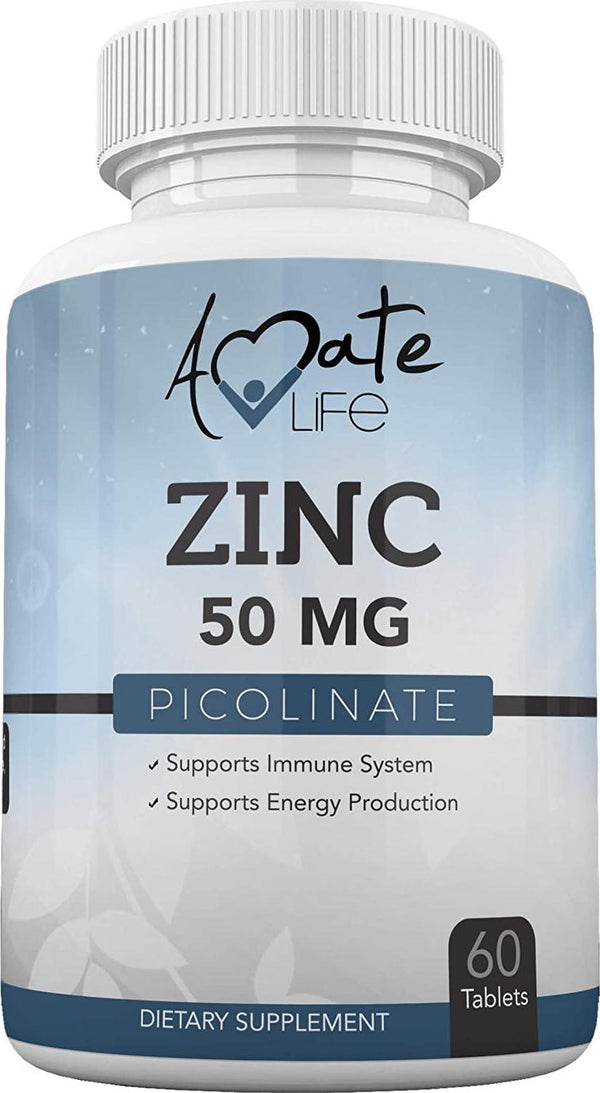 Zinc Picolinate 50mg Tablets Maximum Strength Zinc Supplement for Immune System and Energy Levels Gluten Free, Vegetarian Friendly for Men and Women Non-GMO Formula 60 Count Made in USA by Amate Life