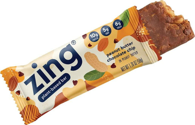 Zing Bars Plant Based Protein Bar | Peanut Butter Chocolate Chip | 10g Protein, 5g Fiber, 6g Sugar | Vegan, Gluten Free, Non GMO | 12 count