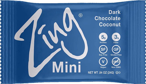 Zing Plant Based Protein Bar Minis | Dark Chocolate Coconut , 18 Count | 100 Calorie Macaroon Coconut | 5g Protein and 3g Fiber | Vegan, Gluten Free, Non GMO | Created by Professional Nutritionists