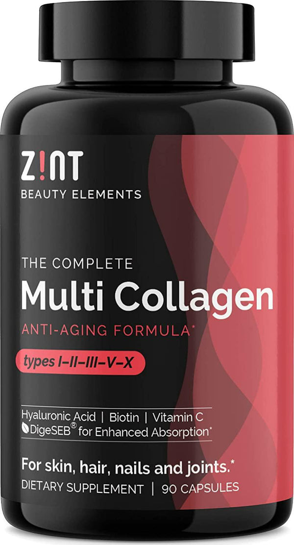 Zint Multi Collagen Pills: All-in-One Anti-Aging Complex - DigeSEB, Biotin, Hyaluronic Acid, Vitamin C, Collagen Powder Types I-II-III-V-X - for Women and Men, Grass-Fed, Hormone-Free, 90 Capsules