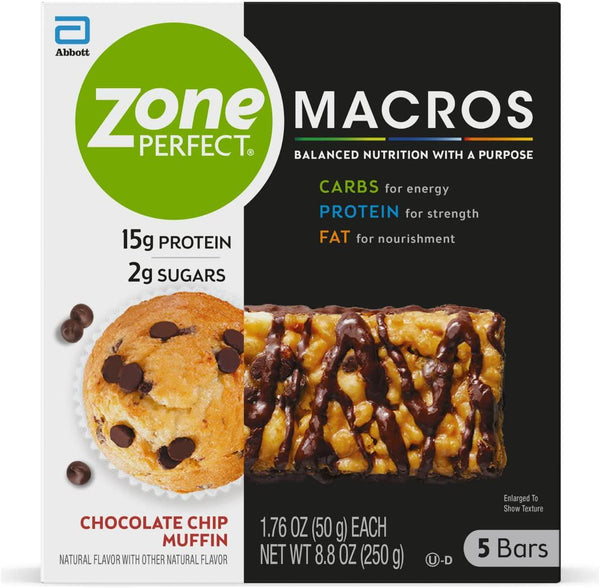 ZonePerfect Macros Protein Bars, With 15g Protein, 2g Sugars, and 18 Vitamins and Minerals, Chocolate Chip Muffin, 5 Count