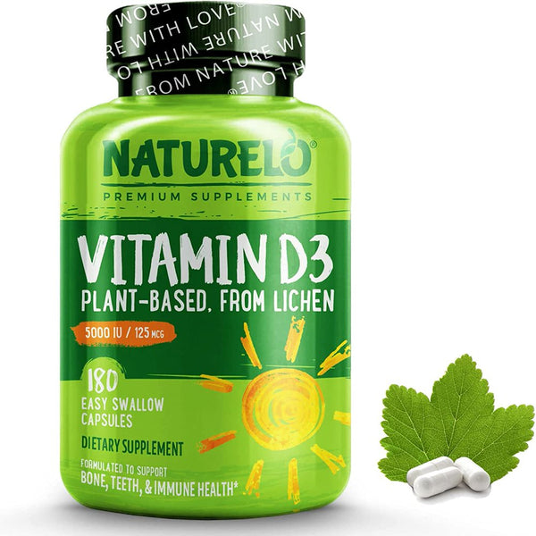NATURELO Vitamin D3 - 5000 IU - Plant Based from Lichen - Natural Vegan D3 Supplement for Immune System, Bone Support, Joint Health - High Potency - Non-Gmo - Gluten Free - 180 Capsules