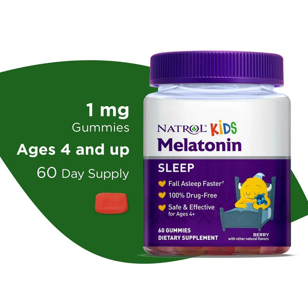 Natrol Kids Melatonin Sleep Aid Gummies, Ages 4 and Up, Drug-Free, Raspberry, 1Mg, 60 Count