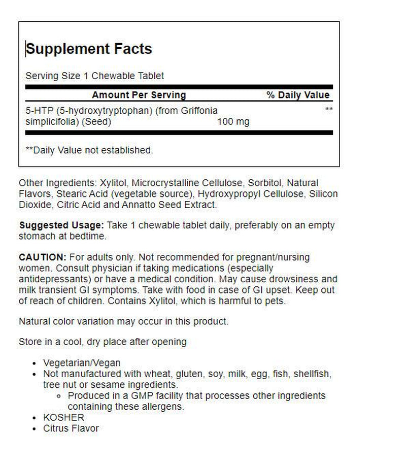 NOW Supplements, 5-HTP (5-Hydroxytryptophan) 100 Mg, Neurotransmitter Support*, 90 Chewables