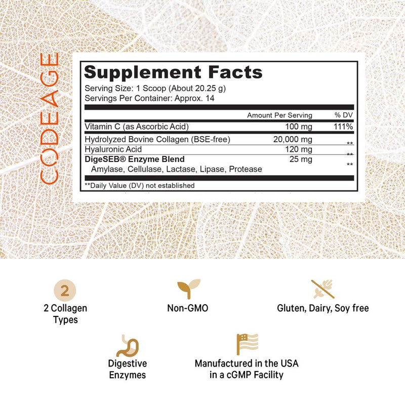 Codeage Collagen Peptides Powder, Type 1 & 3 Grass-Fed Bovine, Vitamin C, Enzymes, Hyaluronic Acid, 9.98 Oz