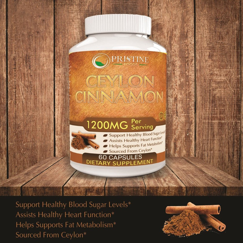 Pristine Foods Ceylon Cinnamon Supplement 1200Mg per Serving - Healthy Blood Sugar, Joint Support, Anti-Inflammatory & Antioxidant - 60 Capsules