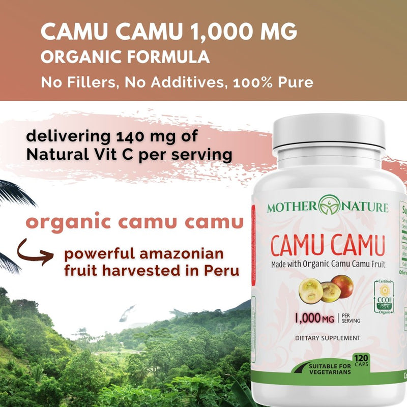 Organic Vitamin C Camu Camu Capsules 1,000Mg, Packed with Natural VIT C, Raw Antioxidants - Immune Support Supplement & Anti-Aging for Skin - Camu Camu Powder Organic, Vegan, Non-Gmo (120 Count)