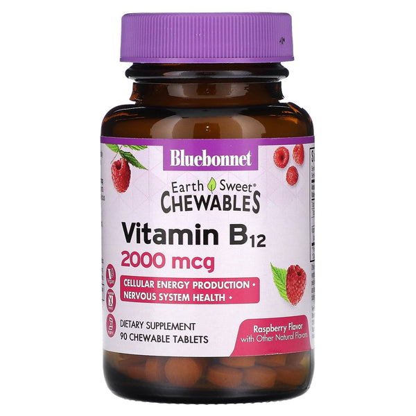 Bluebonnet Nutrition Earthsweet Chewables, Vitamin B12, Raspberry , 2,000 Mcg, 90 Chewable Tablets