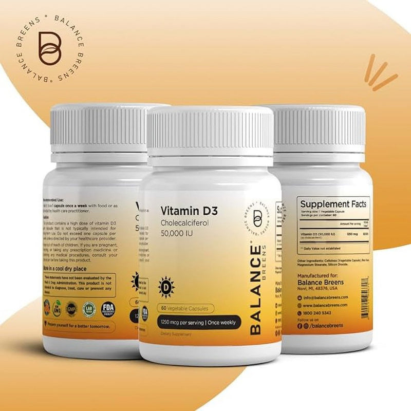 Vitamin D3 50,000 IU - 60 Veggie Capsules - High Potency Gluten Free Non-Gmo Vitamin D Supplement by Balance Breens