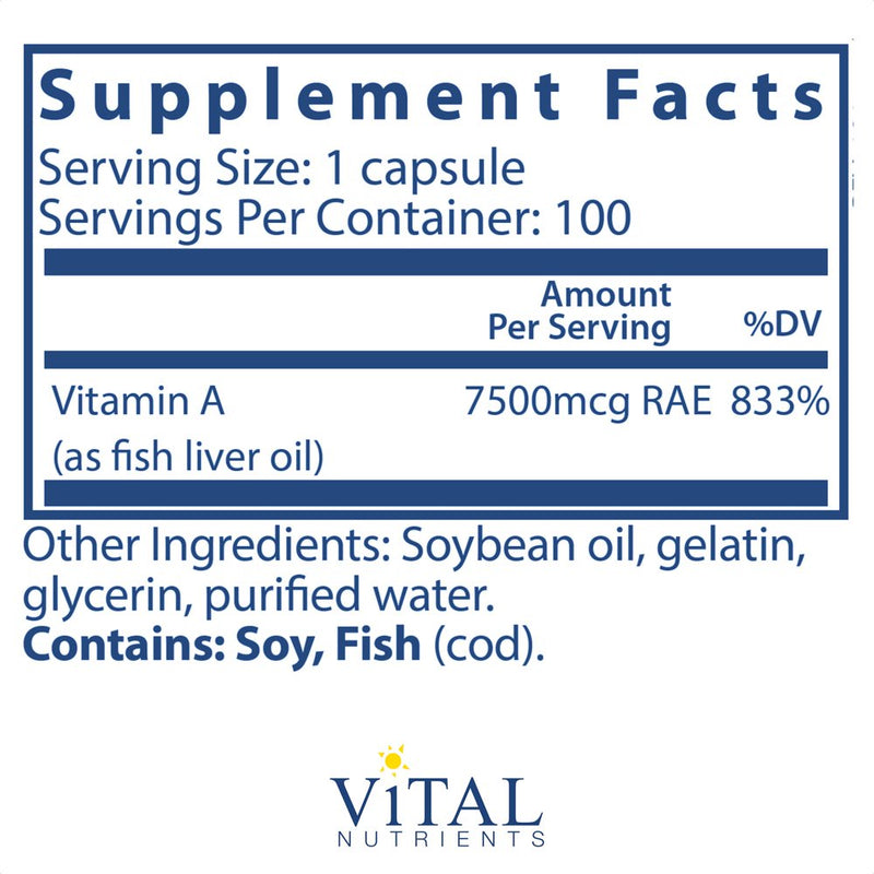 Vital Nutrients - Vitamin a (From Fish Liver Oil) - Supports Immune Function and Vision - 100 Softgels per Bottle - 7500 Mcg RAE