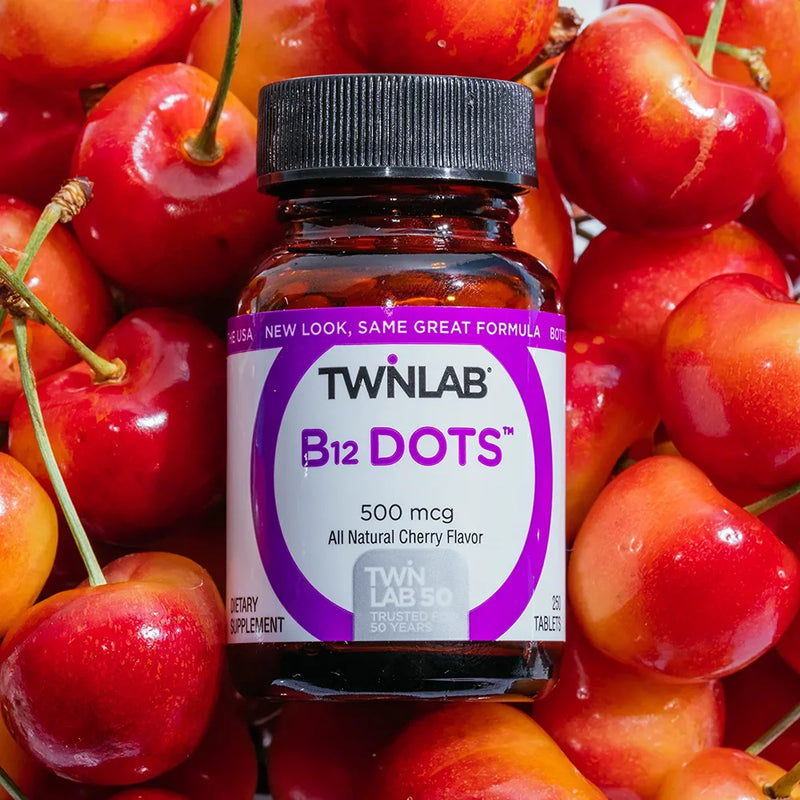 Twinlab B12 Dots - Vegetarian Vitamin B12 Sublingual Natural Energy Pills - for Nerve & Brain Health, Energy Boost & Daily Immune Support - 500Mcg, Cherry Flavor 100 Lozenges, 4 Pack