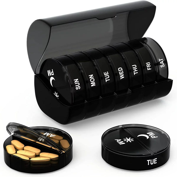 Zzteck Pill Organizer 2 Times a Day - Weekly AM PM Pill Box Case Damp-Proof Travel Pills Container 7 Day, Daily Medication Fish Oil, Medicine Holder Fits in Purse and Pockets Black