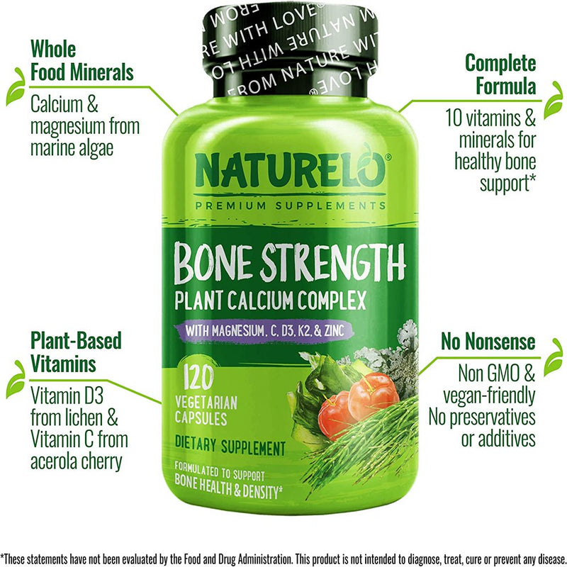 NATURELO Bone Strength - Plant-Based Calcium, Magnesium, Potassium, Vitamin D3, Vit C, K2 - GMO, Soy, Gluten Free Ingredients - Whole Food Supplement for Bone Health - 120 Vegan Friendly Capsules