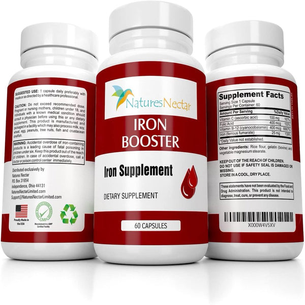Iron Booster - Dietary Supplement for Women with Vitamin C, B12 & Folic Acid - Boost Red Blood Cell Production- Best Iron Supplements for Anemia - Raw Iron Vitamins 60 Capsules