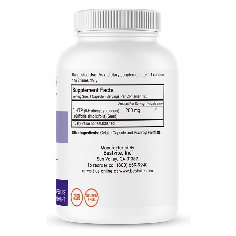 Bestvite 5-HTP 200Mg (240 Capsules) (2X120) - No Stearates or Flow Agents - Gluten Free - Non GMO