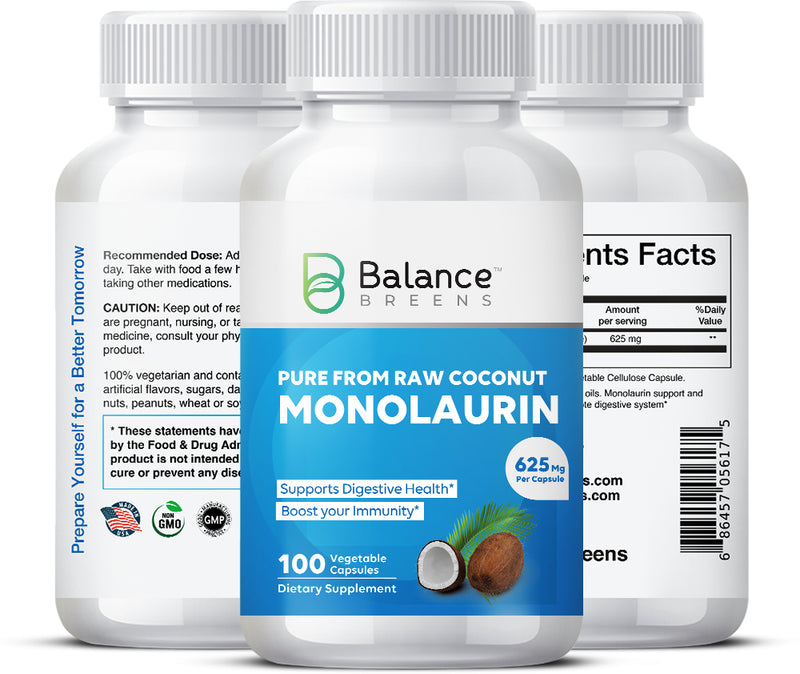 Balance Breens Pure Monolaurin 625Mg - 100 Veg Capsules - Supports Gut Health
