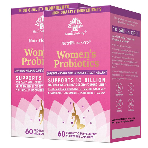 Nutricelebrity Nutriflora-Pro Probiotics for Women - Support Vaginal, Urinary Health (UTI), Digestive System, Period Pain, Yeast, and BV Relief, Cranberry Pills, 10 Billion CFU 6 Strains 60 Cap 2 Pack
