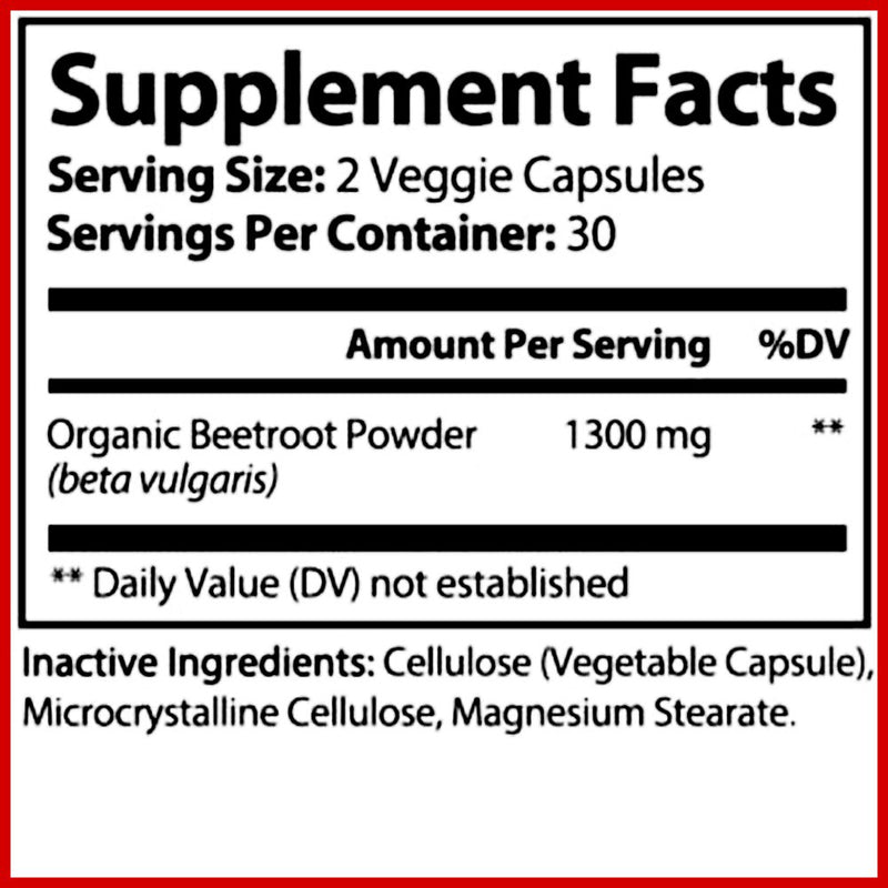 Hybrid Nutraceuticals Organic Beet Root Capsules 1300Mg - Natural Nitric Oxide Supplement Booster, Supports Blood Pressure, Circulation, Heart Health, Athletic Performance - 60 Capsules
