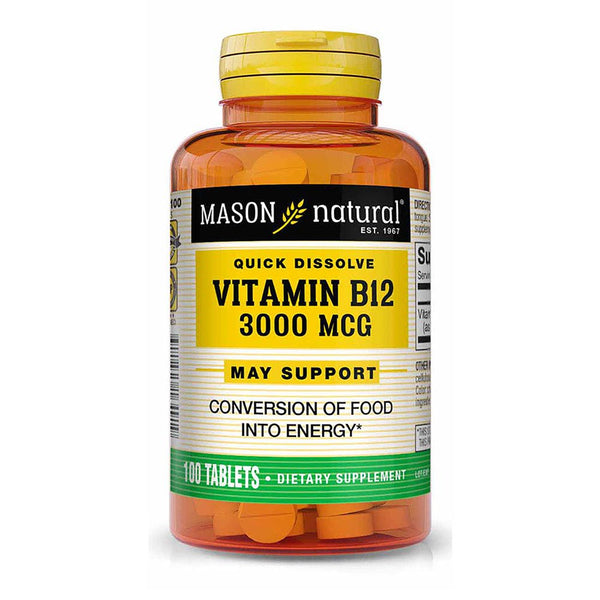 Mason Natural Vitamin B12 3,000 Mcg as Cyanocobalamin, Quick Dissolve under Tongue (Raspberry Flavor) - Supports Conversion of Food into Energy, 100 Tablets