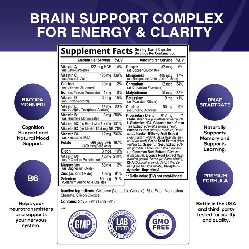 Nootropic Brain Supplement for Memory, Focus & Concentration + Cognitive Support, Brain Booster Supplement with Phosphatidylserine, DMAE Bacopa, Brain Vitamins for Men & Women, Non-Gmo - 60 Capsules