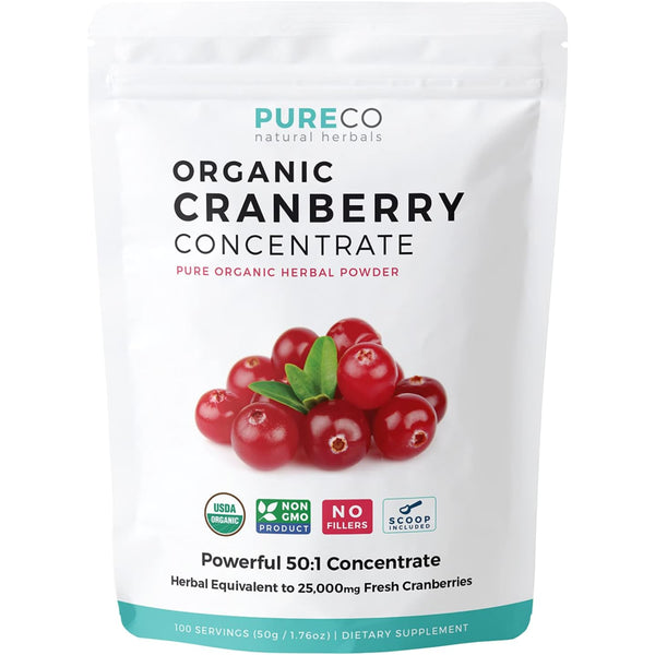 Pure Co USDA Organic Cranberry Concentrate (50:1) Powder - 500Mg Is Equivalent to 25,000Mg Fresh Cranberries - Kidney Cleanse UTI Support Vitamins - Fruit Extract Supplement - 100 Servings: No Pills