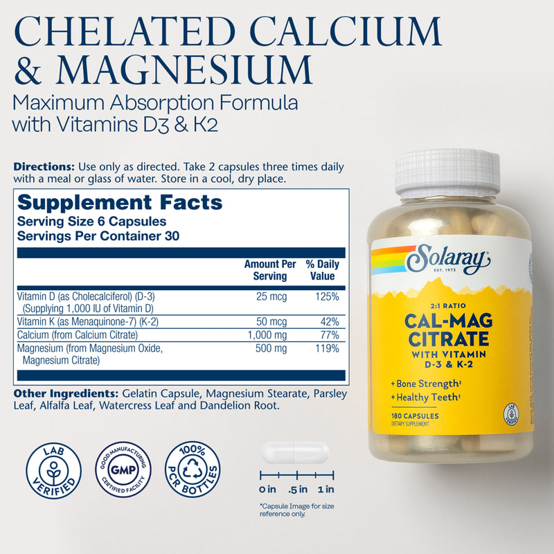 Solaray Calcium & Magnesium Citrate 2:1 W/ Vitamin D3 & K2, Healthy Bone, Muscle & Nerve Support, 30 Serv, 180 Capsules