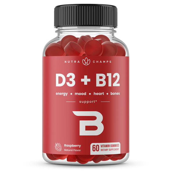 Nutrachamps Vitamin D3 & Vitamin B12 | Methyl B12 Gummies for Adults & Kids | Enhanced with Vitamin D 3 & B9 Vitamin Folate | Natural Energy, Mood, Metabolism & Focus | Raspberry | 60 Gummies