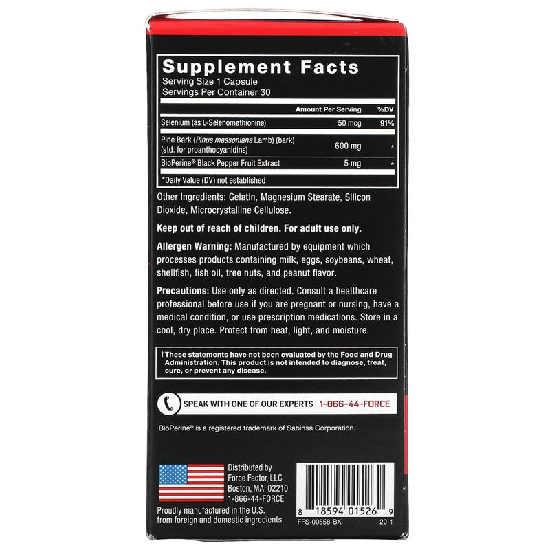 Force Factor Pine Bark Extract, Traditionally Used to Support Nitric Oxide Production, Enhance Blood Flow and Circulation, Made with Key Natural Ingredients, Superior Absorption, 30 Count