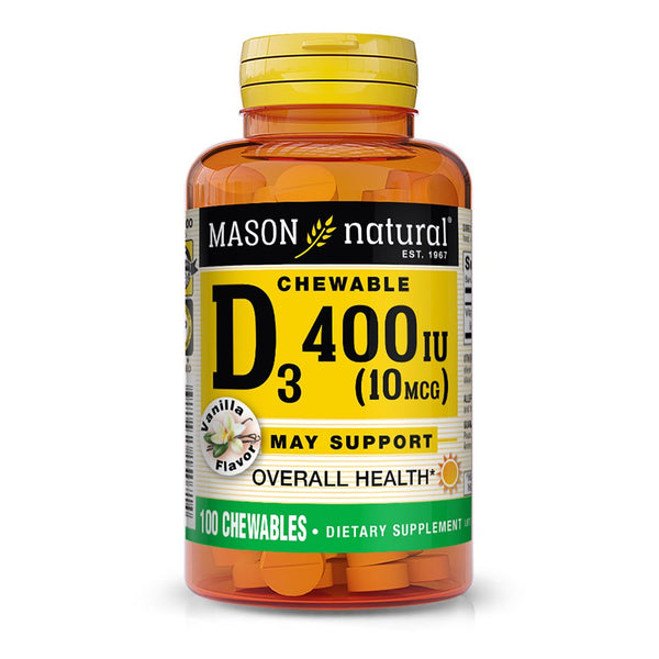 Mason Natural Vitamin D3 10 Mcg (400 IU) - Supports Overall Health, Strengthens Bones and Muscles, Vanilla Flavor, 100 Chewables