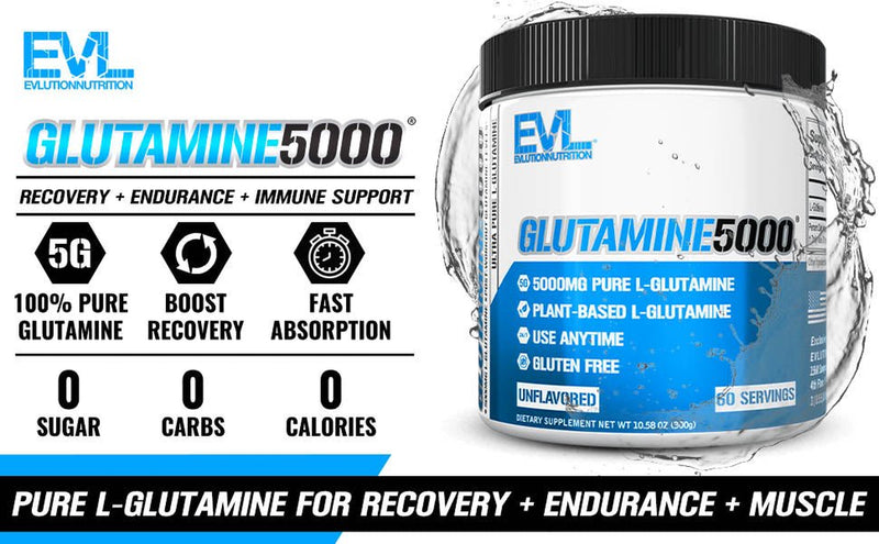 Ultra Pure L-Glutamine Powder - Gut Health & Post Workout Recovery Supplement 5000Mg - Evlution Nutrition Glutamine 5G Essential Amino Acids for Men and Women