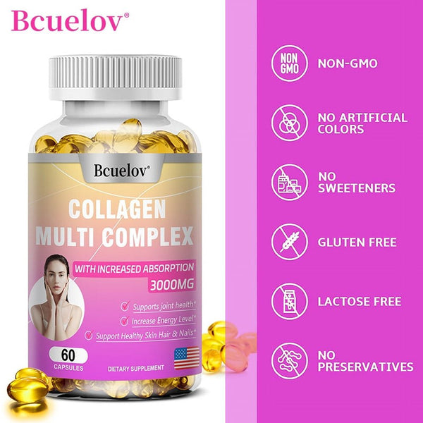 Bcuelov COLLAGEN MULTI COMPLEX - 3000 Mg, Supports Joint, Energy, Skin, Hair & Nail Health, Complex Collagen Capsules