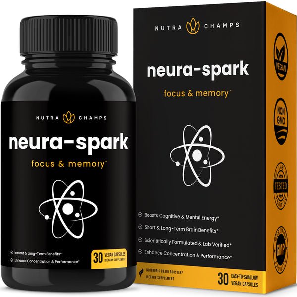 Nutrachamps Neuraspark Premium Brain Supplement for Focus, Memory & Mental Energy - Nootropic Brain Booster for Performance - Ginkgo Biloba, St John'S Wort, DMAE, Rhodiola & More - 30 Capsules