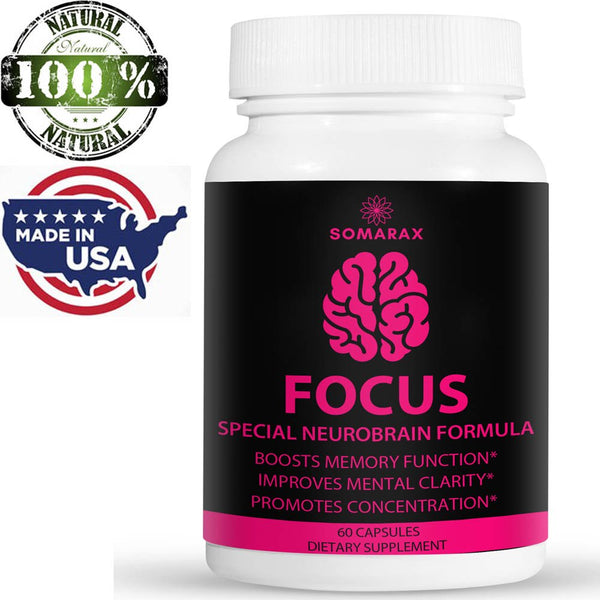 Focus – Brain Support Supplement - Memory Booster, Reduce Anxiety -60 Capsules by Somarax