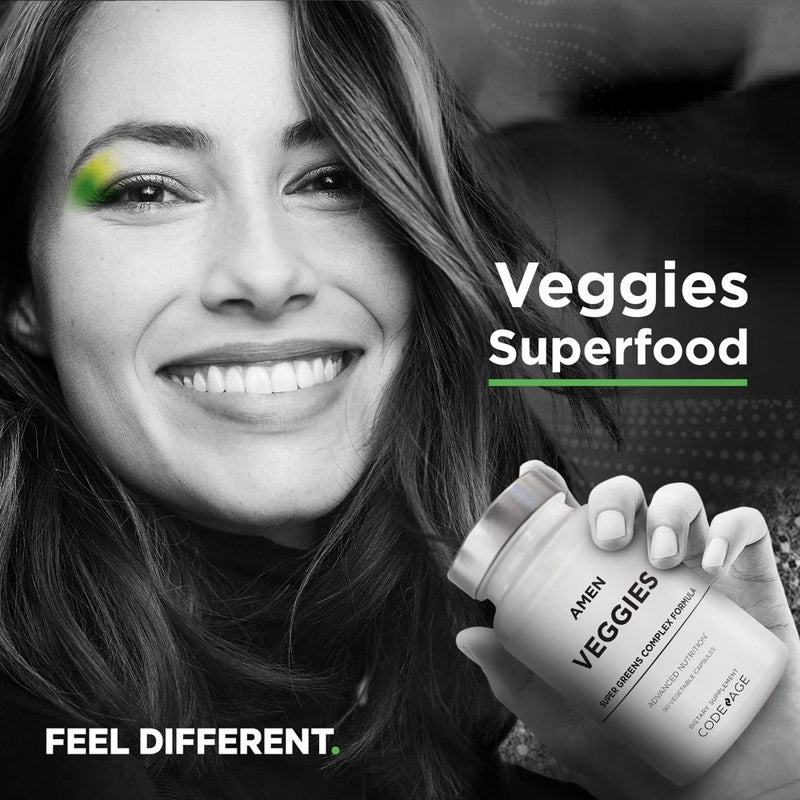 Amen Veggies, Whole-Food Raw Greens Daily Multivitamin Capsules, Mushroom Complex, Vegan, 90 Ct