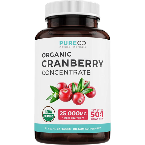 Pure Co Organic Cranberry Pills (50:1 Concentrate) - 500Mg Is Equivalent to 25,000Mg Fresh Cranberries - for Kidney Cleanse & UTI Support Vitamins - Fruit Extract Supplement, 60 Capsules