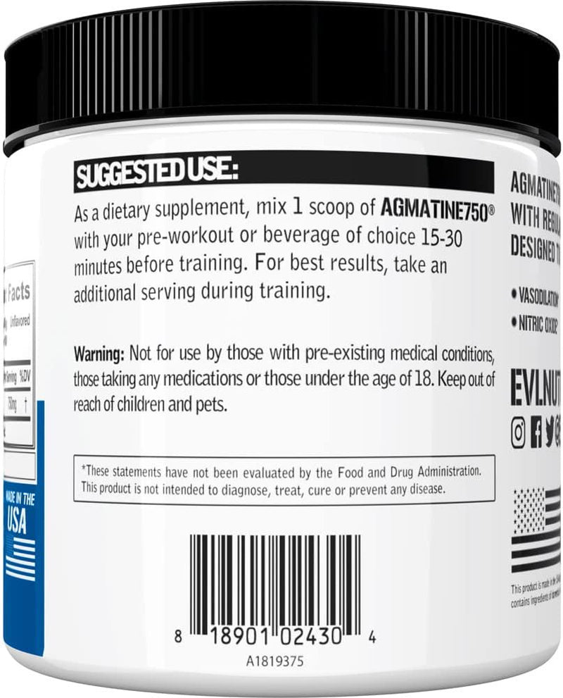 Agmatine Sulfate Powder 750Mg - Evlution Nutrition Agmatine Supplement for Vasodilation Support - Pre Workout Nitric Oxide Powder 100 Servings