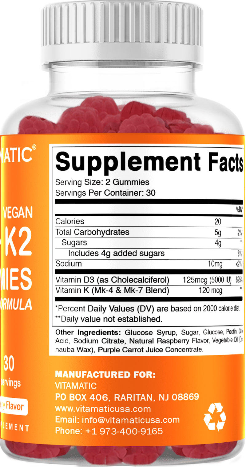 Vitamatic Vitamin D3 K2 Gummies - 60 Count - Supports Healthy Bone, Heart & Calcium Absorption, & Immune Health - Plant Based, Non-Gmo, Gluten Free
