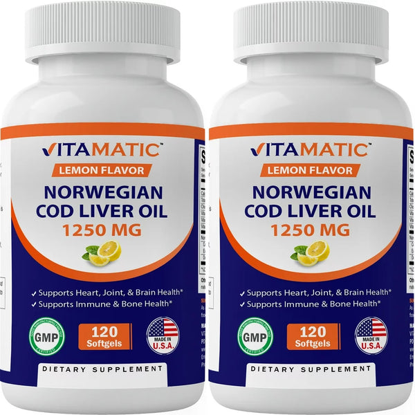 2 Pack - Vitamatic Norwegian Cod Liver Oil 1250Mg 120 Softgels (Lemon Flavor) - Promotes Cardiovascular Health Total 240 Softgels