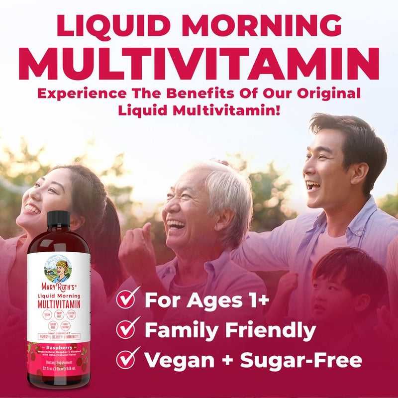 Multivitamin Multimineral for Women & Men by Maryruth'S | No Added Sugar | Vegan Liquid Vitamins for Adults & Kids | Immune Support, Bone Health, Energy Drink | Raspberry Flavor | 32 Fl Oz