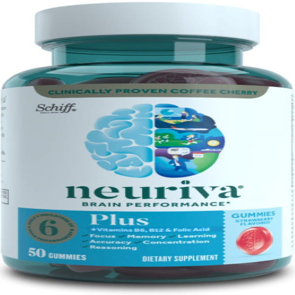 Neuriva plus Brain Health Support Strawberry Gummies (50 Count), Brain Support with Phosphatidylserine, Vitamin B6 & Decaffeinated, Clinically Tested Coffee Cherry, 4 Pack