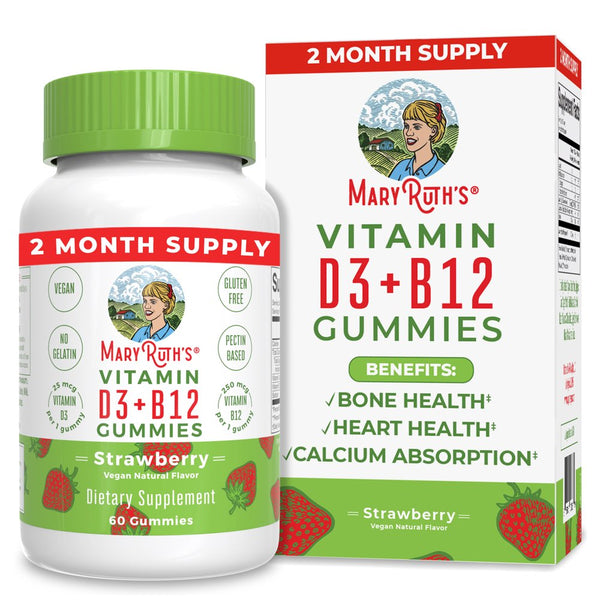 Maryruth Organics | Vitamin D3 + Vitamin B12 for Adults & Kids | Bone Health & Energy Boost | Strawberry Flavor | Vegan, Non-Gmo | 60 Servings