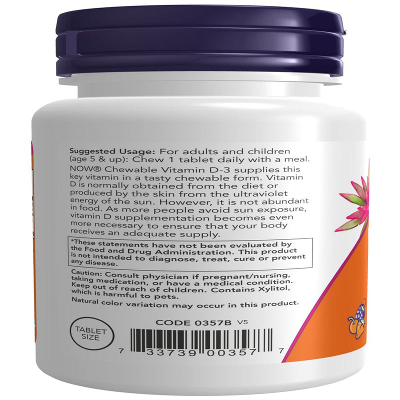 NOW Supplements, Vitamin D-3 1,000 IU, Natural Fruit Flavor, Structural Support*, 180 Chewables