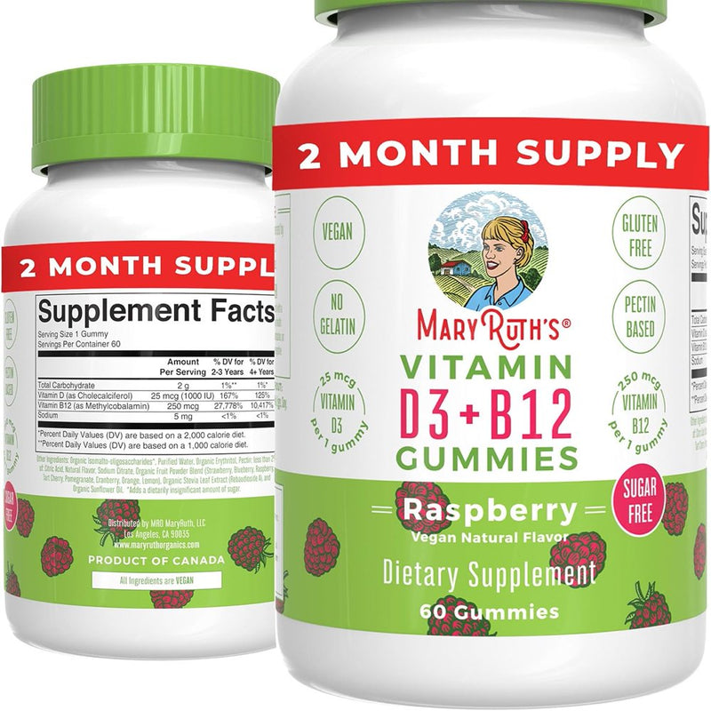 Maryruth Organics | Vitamin D3 + B12 Gummies | Bone Health & Immune Support | Sugar Free, Vegan | Raspberry (60 Gummies)