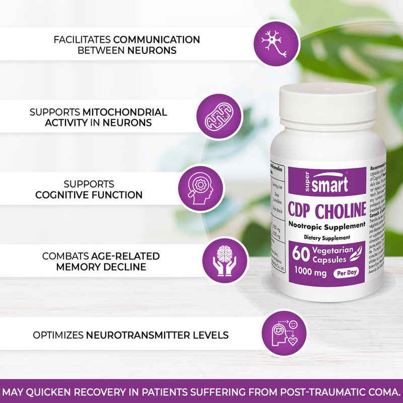 Supersmart - CDP Choline (Citicoline) 1000 Mg per Day - Nootropics Supplement - Dynamic Brain Vitamin - Memory & Focus Suppport | Non-Gmo & Gluten Free - 60 Vegetarian Capsules