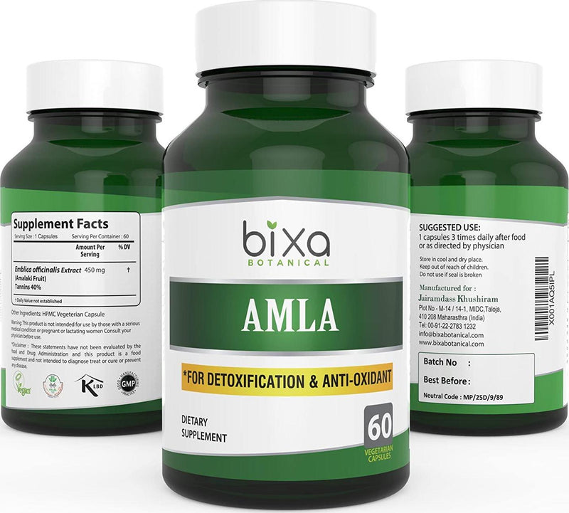 bixa BOTANICAL Amla Extract Tannins 40% Veg Capsules, Ayurvedic Herb For Detoxification Anti-Oxidant And Cardiac Health, Antioxidant Ideal Vitamin C Supplement and Immunity Booster 60 Count (450Mg)
