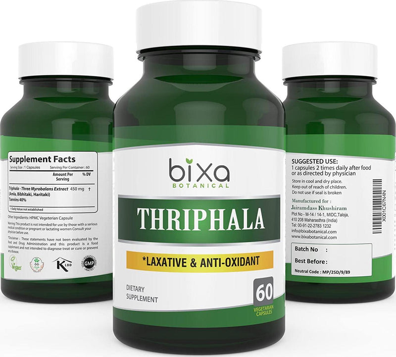 bixa BOTANICAL Triphala Extract 40% Tannins, Ayurvedic Herb For Laxative and Anti-Oxidant, Herbal Supplement For Healthy Digestion and Absorption Of Nutrients, Veg Capsules 60 Count (450Mg)