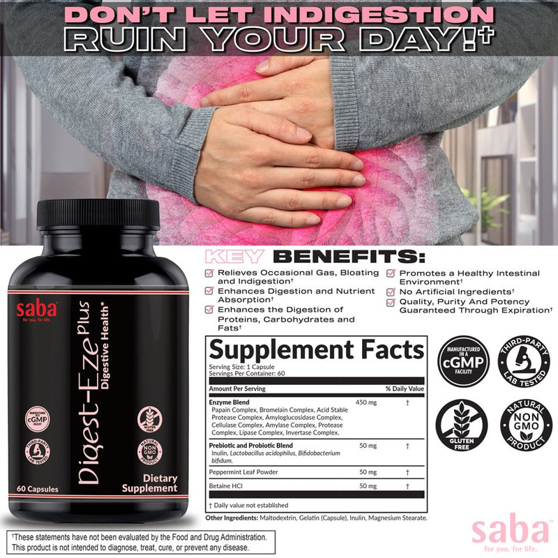 Saba Digestive-Eze Plus- Broad Spectrum of Plant-Sourced Enzymes, Prebiotics & Probiotics - Support Digestive & Gut Functions, Immunity & Nutritional Absorption with Betaine, Peppermints & Bromelain